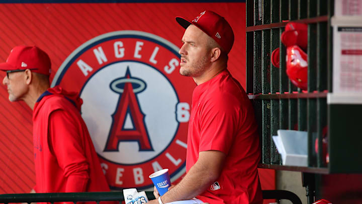 May 10, 2025; Anaheim, California, USA; Los Angeles Angels right fielder Mike Trout (27) watches game action against the Baltimore Orioles during the first inning at Angel Stadium. Mandatory Credit: Gary A. Vasquez-Imagn Images
