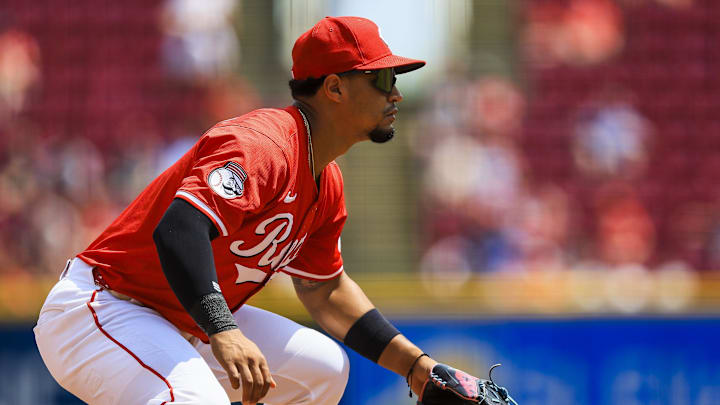 Jul 13, 2025; Cincinnati, Ohio, USA; Cincinnati Reds third baseman Santiago Espinal (4) prepares for the pitch in the sixth inning against the Colorado Rockies at Great American Ball Park. Mandatory Credit: Katie Stratman-Imagn Images