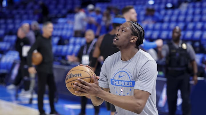 Apr 19, 2026; Oklahoma City, Oklahoma, USA; Oklahoma City Thunder guard Jalen Williams (8) warms up before the start of game one of the first round of the 2026 NBA Playoffs against the Phoenix Suns at Paycom Center. Mandatory Credit: Alonzo Adams-Imagn Images