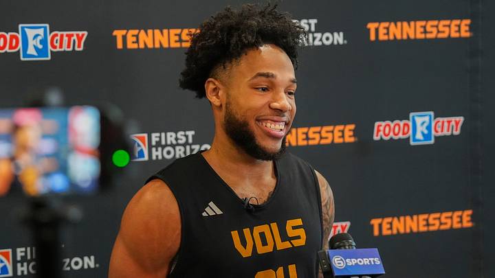 Tennessee guard Troy Henderson (24) speaks at Tennessee basketball media availability on Aug. 27, 2026.