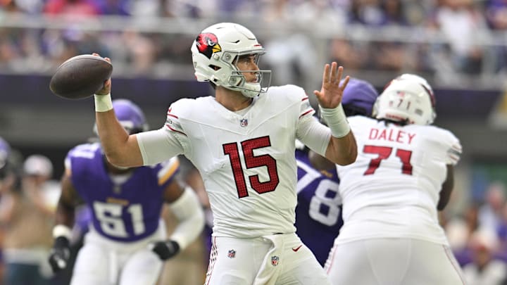 Aug 26, 2023; Minneapolis, Minnesota, USA; Arizona Cardinals quarterback Clayton Tune (15) throws a