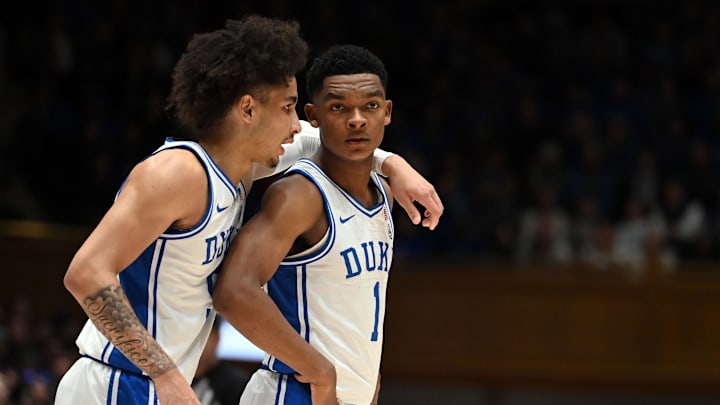 Jan 13, 2024; Durham, North Carolina, USA;  Duke Blue Devils guard Tyrese Proctor (5) talks to guard