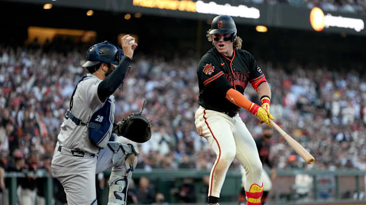 Mar 28, 2026; San Francisco, California, USA; San Francisco Giants center fielder Harrison Bader (9) reacts next to New York Yankees catcher Austin Wells (28) after striking out in the ninth inning at Oracle Park. Mandatory Credit: Cary Edmondson-Imagn Images