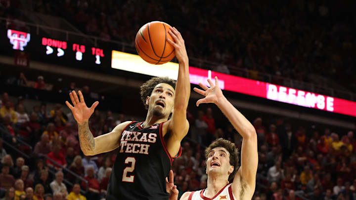 Feb 17, 2024; Ames, Iowa, USA; Texas Tech Red Raiders guard Pop Isaacs (2) shoots the ball against