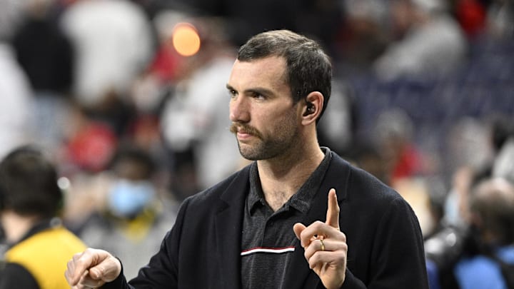 Jan 10, 2022; Indianapolis, IN, USA; Andrew Luck on hte field before the 2022 CFP college football national championship game between the Alabama Crimson Tide and the Georgia Bulldogs at Lucas Oil Stadium. Mandatory Credit: Marc Lebryk-Imagn Images Jan 10, 2022; Indianapolis, IN, USA; Andrew Luck on hte field before the 2022 CFP college football national championship game between the Alabama Crimson Tide and the Georgia Bulldogs at Lucas Oil Stadium. Mandatory Credit: Marc Lebryk-Imagn Images