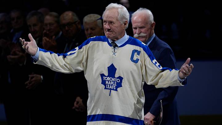 Jan 27, 2026; Toronto, Ontario, CAN; Toronto Maple Leafs alumus Darryl Sittler reacts during a ceremony to commemorate his 10 point night against the Boston Bruins 50 years years befre a game against the Buffalo Sabres at Scotiabank Arena. Mandatory Credit: John E. Sokolowski-Imagn Images Jan 27, 2026; Toronto, Ontario, CAN; Toronto Maple Leafs alumus Darryl Sittler reacts during a ceremony to commemorate his 10 point night against the Boston Bruins 50 years years befre a game against the Buffalo Sabres at Scotiabank Arena. Mandatory Credit: John E. Sokolowski-Imagn Images