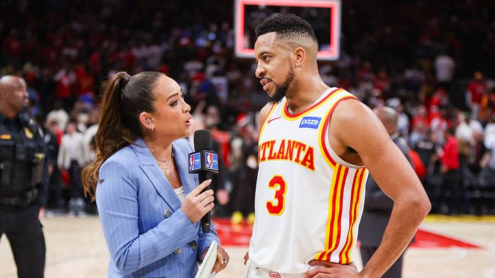 Apr 23, 2026; Atlanta, Georgia, USA; Sideline reporter Cassidy Hubbarth talks to Atlanta Hawks guard CJ McCollum (3) after a victory over the New York Knicks in game three of the first round of the 2026 NBA Playoffs at State Farm Arena. Mandatory Credit: Brett Davis-Imagn Images Apr 23, 2026; Atlanta, Georgia, USA; Sideline reporter Cassidy Hubbarth talks to Atlanta Hawks guard CJ McCollum (3) after a victory over the New York Knicks in game three of the first round of the 2026 NBA Playoffs at State Farm Arena. Mandatory Credit: Brett Davis-Imagn Images