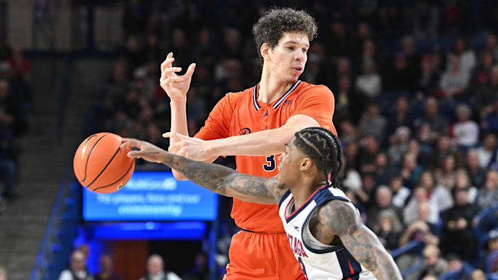 Dec 18, 2024; Spokane, Washington, USA; Gonzaga Bulldogs guard Khalif Battle (99) knocked the ball away from Bucknell Bison center Noah Williamson (3) in the second half at McCarthey Athletic Center. Gonzaga Bulldogs won 86-65. Mandatory Credit: James Snook-Imagn Images