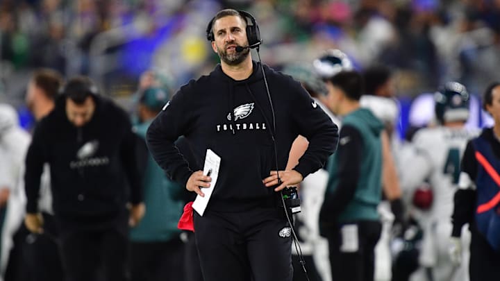 Nov 24, 2024; Inglewood, California, USA; Philadelphia Eagles head coach Nick Sirianni watches game action against the Los Angeles Rams during the second half at SoFi Stadium. Mandatory Credit: Gary A. Vasquez-Imagn Images
