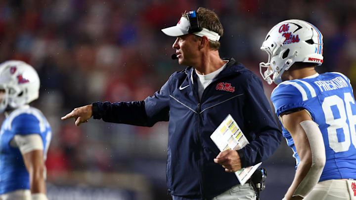 Nov 9, 2024; Oxford, Mississippi, USA; Mississippi Rebels head coach Lane Kiffin reacts during the second half against the Georgia Bulldogs at Vaught-Hemingway Stadium. Mandatory Credit: Petre Thomas-Imagn Images