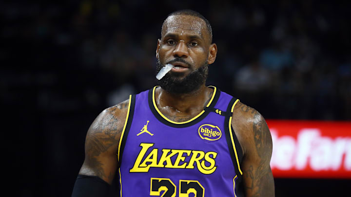 Nov 6, 2024; Memphis, Tennessee, USA; Los Angeles Lakers forward LeBron James (23) looks on during the first half against the Memphis Grizzlies at FedExForum. 