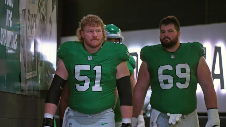 Philadelphia Eagles center Cam Jurgens (51) and guard Landon Dickerson (69). Philadelphia Eagles center Cam Jurgens (51) and guard Landon Dickerson (69).