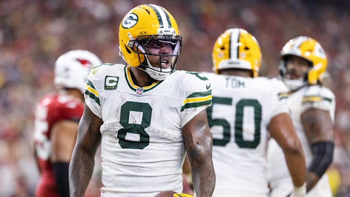 Oct 19, 2025; Glendale, Arizona, USA; Green Bay Packers running back Josh Jacobs (8) against the Arizona Cardinals at State Farm Stadium.