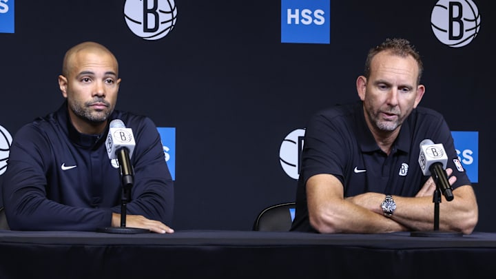 Sep 23, 2025; Brooklyn, NY, USA; Brooklyn Nets head coach Jordi Fernandez (l) and general manager Sean Marks (r) speak at Media Day. Mandatory Credit: Wendell Cruz-Imagn Images Sep 23, 2025; Brooklyn, NY, USA; Brooklyn Nets head coach Jordi Fernandez (l) and general manager Sean Marks (r) speak at Media Day. Mandatory Credit: Wendell Cruz-Imagn Images