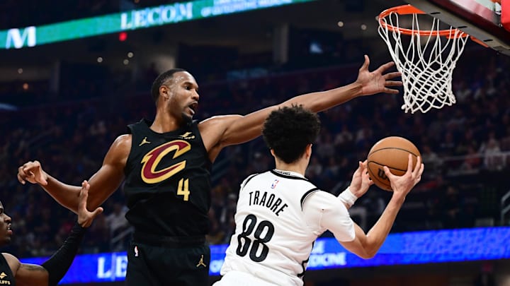 Feb 19, 2026; Cleveland, Ohio, USA; Cleveland Cavaliers center Evan Mobley (4) tries to block the pass of Brooklyn Nets guard Nolan Traore (88) during the first half at Rocket Arena. Mandatory Credit: Ken Blaze-Imagn Images Feb 19, 2026; Cleveland, Ohio, USA; Cleveland Cavaliers center Evan Mobley (4) tries to block the pass of Brooklyn Nets guard Nolan Traore (88) during the first half at Rocket Arena. Mandatory Credit: Ken Blaze-Imagn Images