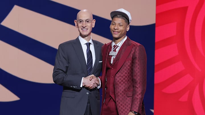 Jun 25, 2025; Brooklyn, NY, USA;  Jeremiah Fears stands with NBA commissioner Adam Silver after being selected as the seventh pick by the New Orleans Pelicans in the first round of the 2025 NBA Draft at Barclays Center. Mandatory Credit: Brad Penner-Imagn Images
