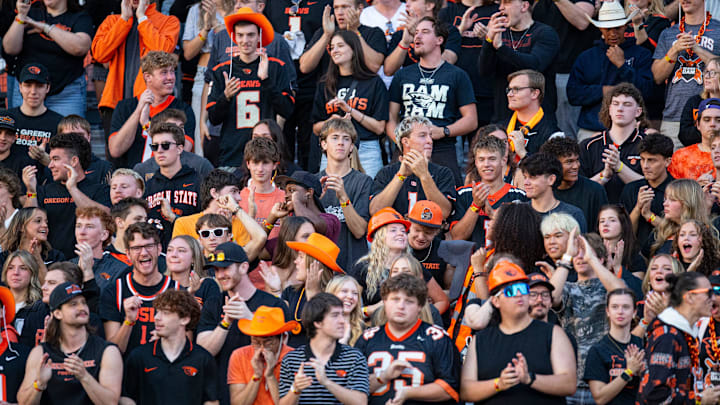 Oregon State students cheer on their team against California in the season opener at Reser Stadium on Saturday, Aug. 30, 2025, in Corvallis, Ore.