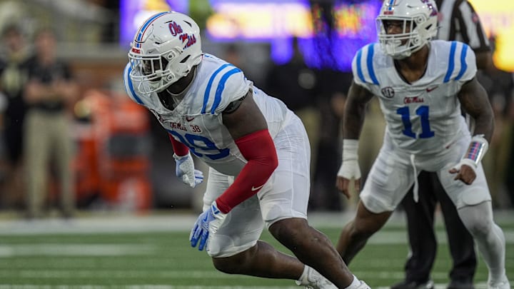 Sep 14, 2024; Winston-Salem, North Carolina, USA;  Mississippi Rebels defensive tackle JJ Pegues (89) against the Wake Forest Demon Deacons during the first half at Allegacy Federal Credit Union Stadium. Mandatory Credit: Jim Dedmon-Imagn Images