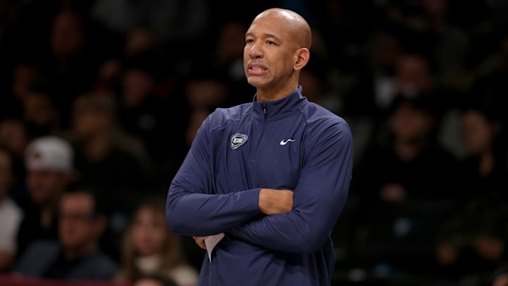 Detroit Pistons head coach Monty Williams reacts.