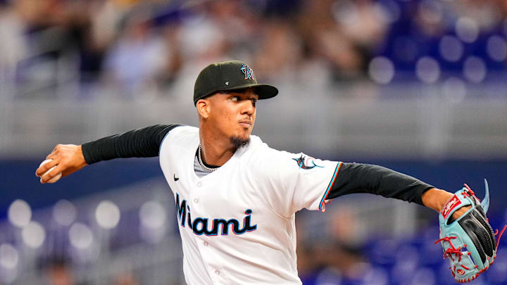 Jun 20, 2023; Miami, Florida, USA; Miami Marlins starting pitcher Eury Perez (39) throws a pitch