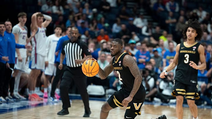 Vanderbilt guard Duke Miles (2) starts a fast break against Florida during their semifinal game of the 2026 SEC Men’s Basketball Tournament at Bridgestone Arena in Nashville, Tenn., Saturday, March 14, 2026.