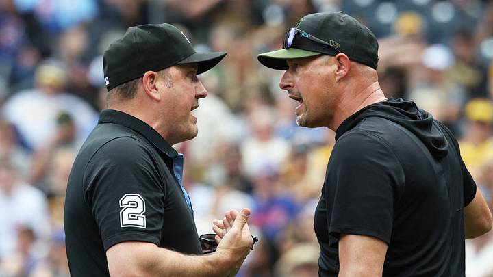 May 25, 2026; Pittsburgh, Pennsylvania, USA; Pittsburgh Pirates manager Don Kelly (12) (right) argues with third base umpire Dan Bellino (2) during a hit by pitch video review in the second inning against the Chicago Cubs at PNC Park. Mandatory Credit: Charles LeClaire-Imagn Images May 25, 2026; Pittsburgh, Pennsylvania, USA; Pittsburgh Pirates manager Don Kelly (12) (right) argues with third base umpire Dan Bellino (2) during a hit by pitch video review in the second inning against the Chicago Cubs at PNC Park. Mandatory Credit: Charles LeClaire-Imagn Images
