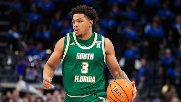 Mar 7, 2025; Memphis, Tennessee, USA; South Florida Bulls guard Jimmie Williams (3) handles the ball against the Memphis Tigers during the second half at FedExForum. Mandatory Credit: Wesley Hale-Imagn Images