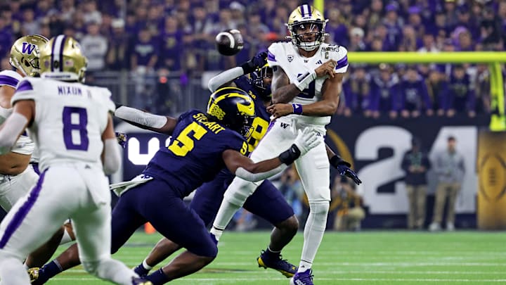 Jan 8, 2024; Houston, TX, USA; Washington Huskies quarterback Michael Penix Jr. (9) throws a pass