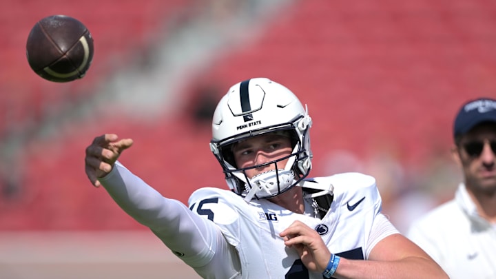 Penn State quarterback Drew Allar warms up prior to the game against the USC Trojans at Los Angeles Memorial Coliseum.