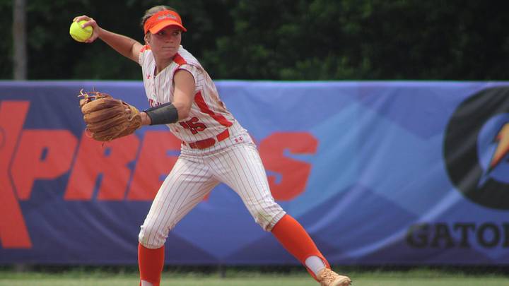 Lake Wales shortstop Sydney Greene (16) throws to first against Columbia during the FHSAA Class 4A high school softball championship at Boombah-Soldiers Creek Park in Longwood, Florida, on May 23, 2026. [Clayton Freeman/Florida Times-Union]