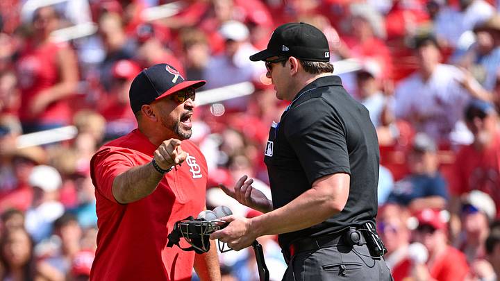 Jul 12, 2026; St. Louis, Missouri, USA; St. Louis Cardinals manager Oliver Marmol (37) argues with umpire Adam Beck after he was ejected from the game against the Atlanta Braves during the ninth inning at Busch Stadium. Mandatory Credit: Jeff Curry-Imagn Images Jul 12, 2026; St. Louis, Missouri, USA; St. Louis Cardinals manager Oliver Marmol (37) argues with umpire Adam Beck after he was ejected from the game against the Atlanta Braves during the ninth inning at Busch Stadium. Mandatory Credit: Jeff Curry-Imagn Images