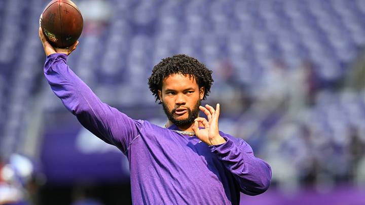 Minnesota Vikings quarterback Kyler Murray (1) warms up before the game against the Baltimore Ravens at U.S. Bank Stadium. Minnesota Vikings quarterback Kyler Murray (1) warms up before the game against the Baltimore Ravens at U.S. Bank Stadium.