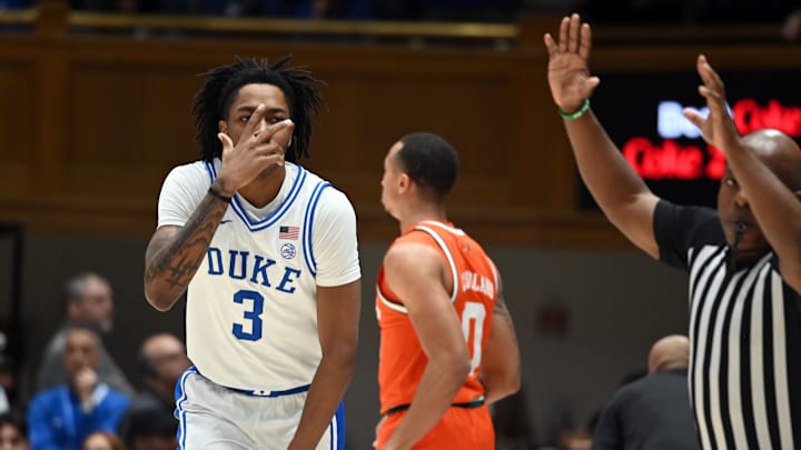 Jan 14, 2025; Durham, North Carolina, USA; Duke Blue Devils forward Isaiah Evans (3) reacts after hitting a three-pointer during the first half against the Miami Hurricanes at Cameron Indoor Stadium. Mandatory Credit: Rob Kinnan-Imagn Images