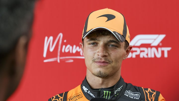 May 1, 2026; Miami Gardens, FL, USA; McLaren driver Lando Norris (1) talks to media Sprint qualifying before the Crypto.com Miami Grand Prix at Miami International Autodrome. Mandatory Credit: Nathan Ray Seebeck-Imagn Images