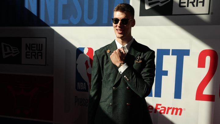 Jun 26, 2024; Brooklyn, NY, USA; Kyle Filipowski arrives before the first round of the 2024 NBA Draft at Barclays Center. Mandatory Credit: Brad Penner-USA TODAY Sports