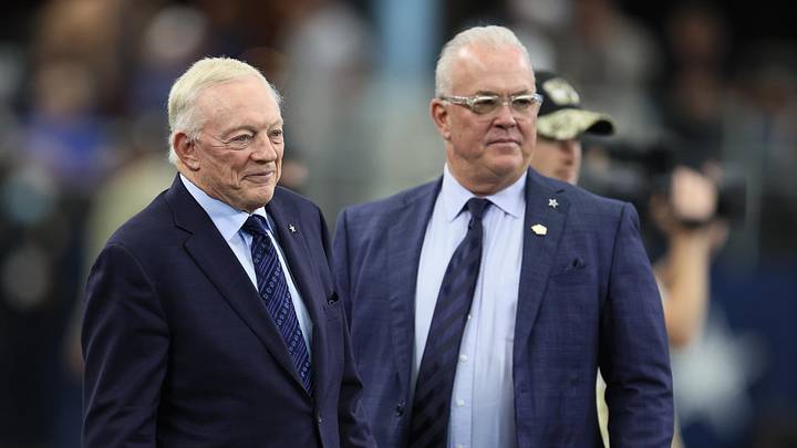 Nov 7, 2021; Arlington, Texas, USA; Dallas Cowboys owner Jerry Jones with his son Stephen Jones on Nov 7, 2021; Arlington, Texas, USA; Dallas Cowboys owner Jerry Jones with his son Stephen Jones on