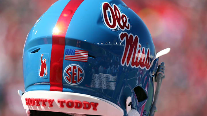 Sep 7, 2024; Oxford, Mississippi, USA; Mississippi Rebels helmet during warm ups prior to the game against the Middle Tennessee Blue Raiders at Vaught-Hemingway Stadium. Mandatory Credit: Petre Thomas-Imagn Images