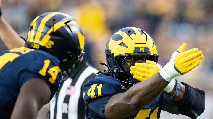 Michigan Wolverines defensive end Carter Meadows (14) Carr (14) and defensive end Tariq Boney (41) celebrate a tackle for loss in the third quarter of a game against UTEP at Michigan Stadium in Ann Arbor on Saturday, Sept. 19, 2026.