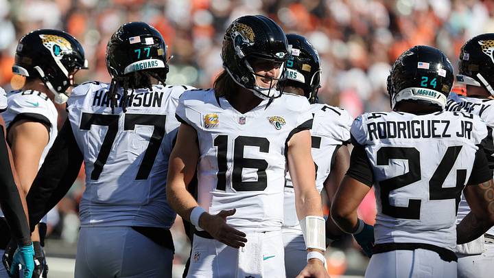 Oct 4, 2026; Cincinnati, Ohio, USA;  Jacksonville Jaguars quarterback Trevor Lawrence (16) reacts after defeating the Cincinnati Bengals at Paycor Stadium.  Mandatory Credit: Joseph Maiorana-Imagn Images