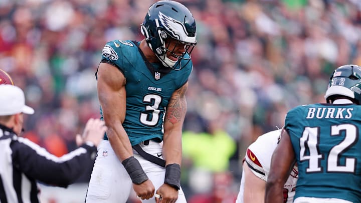 Jan 26, 2025; Philadelphia, PA, USA; Philadelphia Eagles linebacker Nolan Smith Jr. (3) reacts after a play against the Washington Commanders during the first half of the NFC Championship game at Lincoln Financial Field. Mandatory Credit: Bill Streicher-Imagn Images