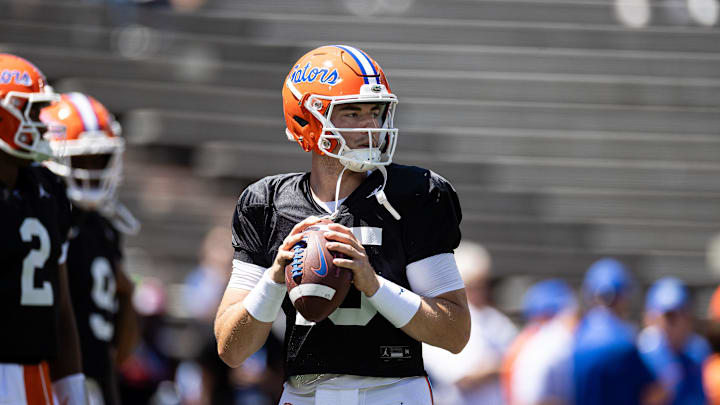 Florida Gators quarterback Graham Mertz (15) looks to throw before the game at the Orange and Blue spring football game at Steve Spurrier Field at Ben Hill Griffin Stadium in Gainesville, FL on Saturday, April 13, 2024. [Matt Pendleton/Gainesville Sun]