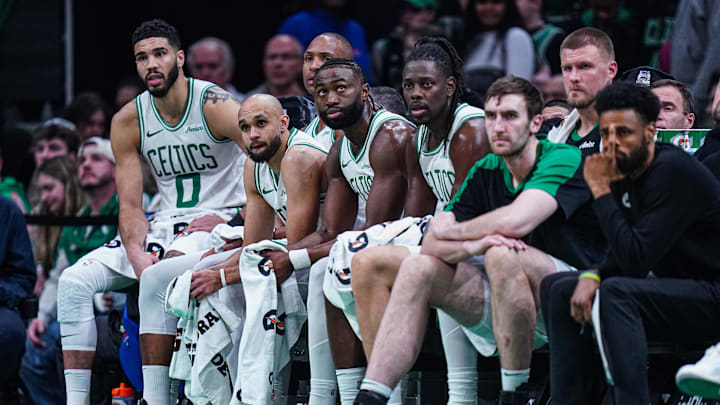 Jan 10, 2025; Boston, Massachusetts, USA; The Boston Celtics bench in the final seconds of the game against the Sacramento Kings at TD Garden. Mandatory Credit: David Butler II-Imagn Images