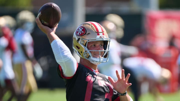 Jul 27, 2023; Santa Clara, CA, USA; San Francisco 49ers quarterback Brock Purdy (13) throws a pass during training camp at the SAP Performance Facility. Mandatory Credit: Robert Edwards-USA TODAY Sports