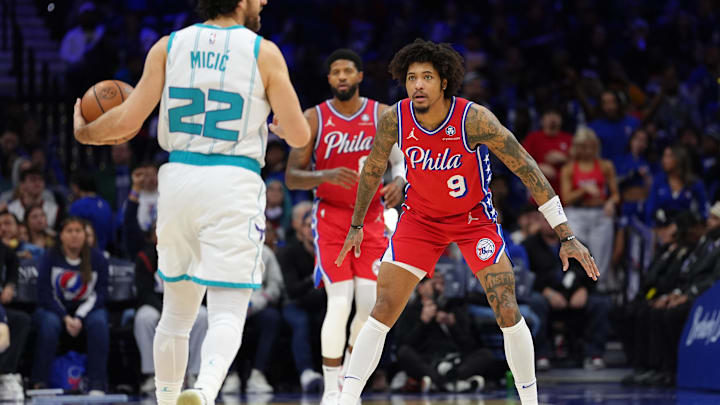 Dec 20, 2024; Philadelphia, Pennsylvania, USA; Philadelphia 76ers guard Kelly Oubre Jr (9) in action against the Charlotte Hornets in the third quarter at Wells Fargo Center. Mandatory Credit: Kyle Ross-Imagn Images