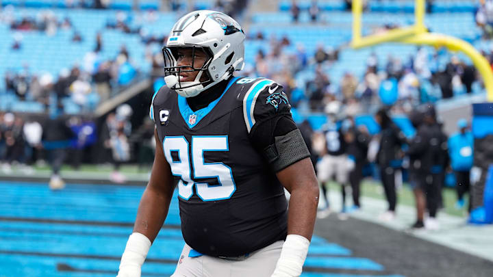 Nov 30, 2025; Charlotte, North Carolina, USA; Carolina Panthers defensive end Derrick Brown (95) warms up before the game against the Los Angeles Rams at Bank of America Stadium. Mandatory Credit: Jim Dedmon-Imagn Images