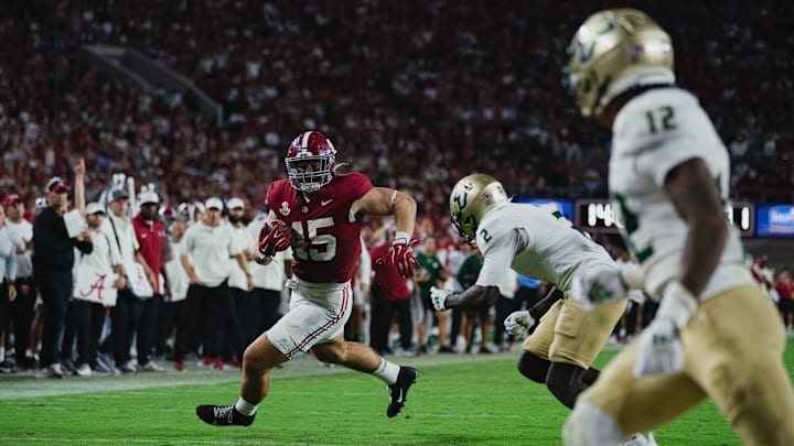 Sep 7, 2024; Tuscaloosa, Alabama, USA; South Florida Bulls defensive back Tavin Ward (2) runs for Alabama Crimson Tide tight end Robbie Ouzts (45) as he approaches the end zone during the fourth quarter at Bryant-Denny Stadium. Mandatory Credit: William McLelland-Imagn Images