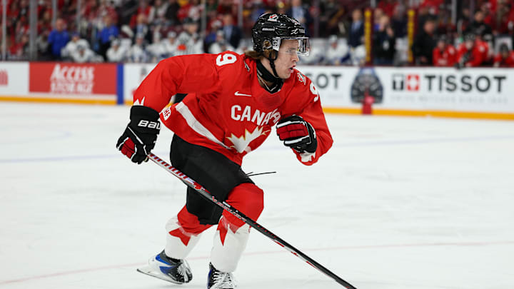 Dec 31, 2025; Minneapolis, Minnesota, UNITED STATES; Canada forward Gavin McKenna (9) in action against Finland during the second period in group play during the 2026 IIHF World Junior Championship at 3M Arena. Mandatory Credit: Matt Krohn-Imagn Images