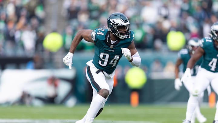 Dec 31, 2023; Philadelphia, Pennsylvania, USA; Philadelphia Eagles defensive end Josh Sweat (94) in action against the Arizona Cardinals at Lincoln Financial Field. Mandatory Credit: Bill Streicher-Imagn Images Dec 31, 2023; Philadelphia, Pennsylvania, USA; Philadelphia Eagles defensive end Josh Sweat (94) in action against the Arizona Cardinals at Lincoln Financial Field. Mandatory Credit: Bill Streicher-Imagn Images
