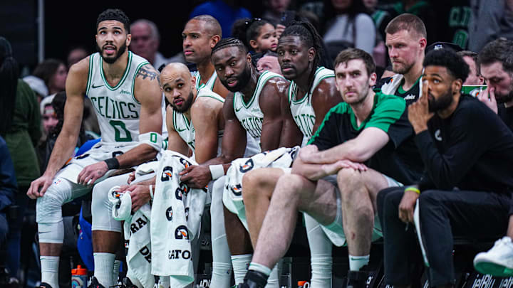 Jan 10, 2025; Boston, Massachusetts, USA; The Boston Celtics bench in the final seconds of the game against the Sacramento Kings at TD Garden. Mandatory Credit: David Butler II-Imagn Images