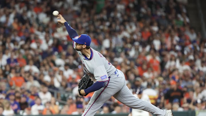 Mar 27, 2025; Houston, Texas, USA; New York Mets pitcher Clay Holmes (35) pitches against the Houston Astros in the first inning  at Daikin Park. 
